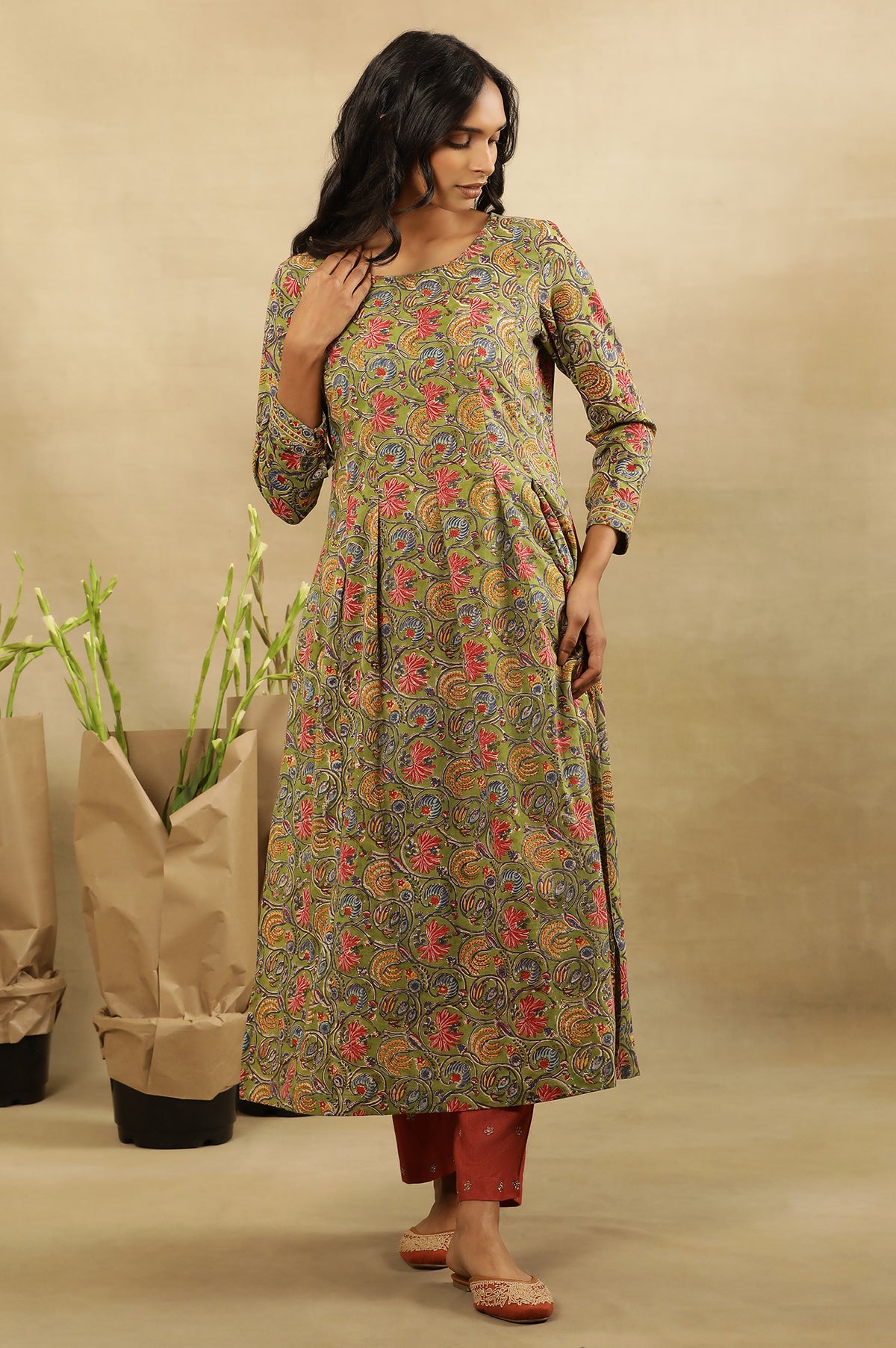 Green Multicolored Hand Block Print Pleated Kurta - XS