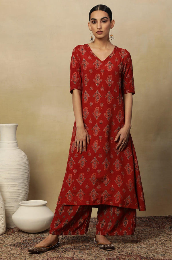 Red Paisley Print A-Line Kurta