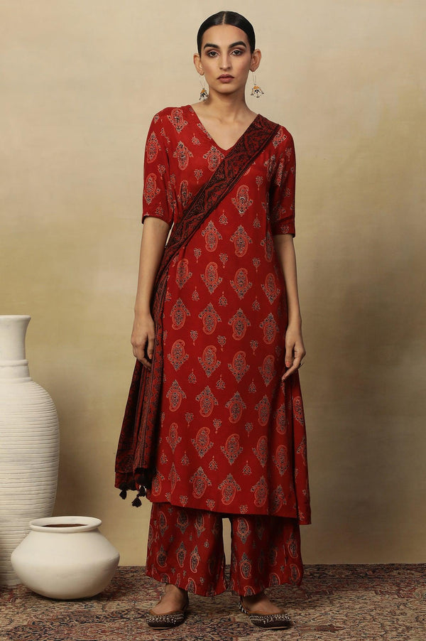Red Paisley Print A-Line Kurta