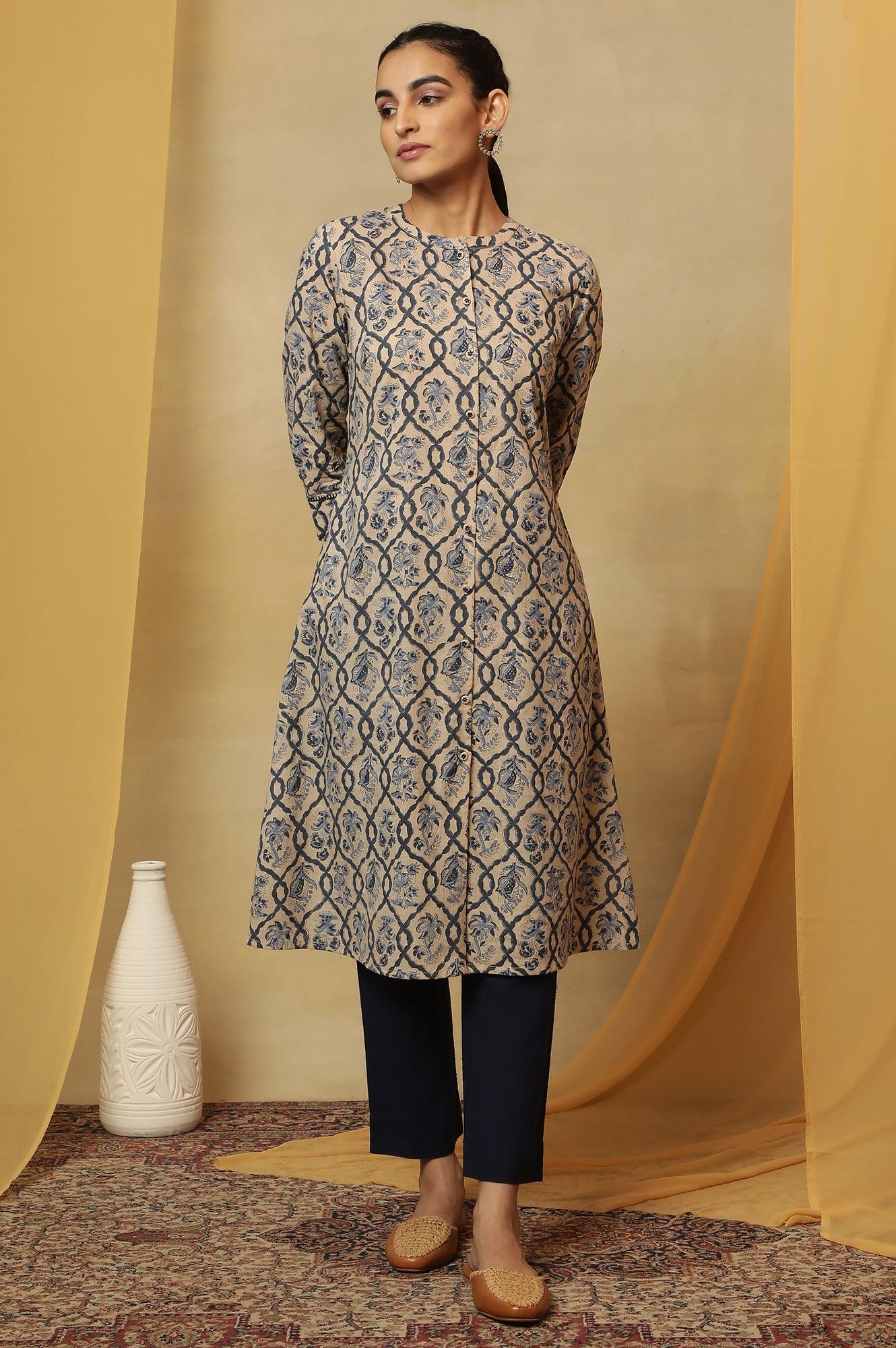 Ivory Jaal Block Printed Kurta In Cotton Slub - wforwoman