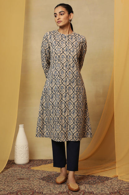 Ivory Jaal Block Printed Kurta In Cotton Slub - wforwoman