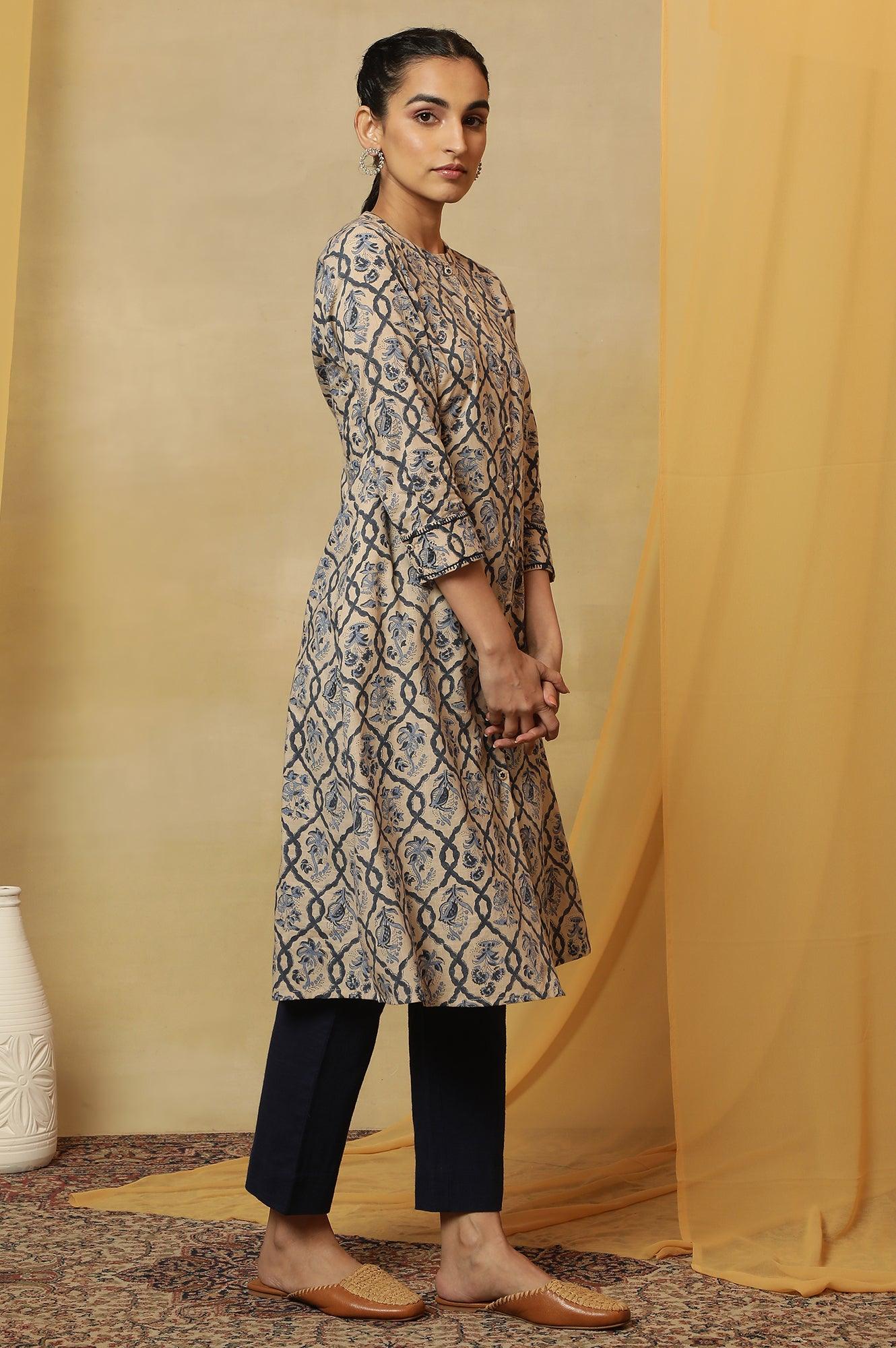 Ivory Jaal Block Printed Kurta In Cotton Slub - wforwoman
