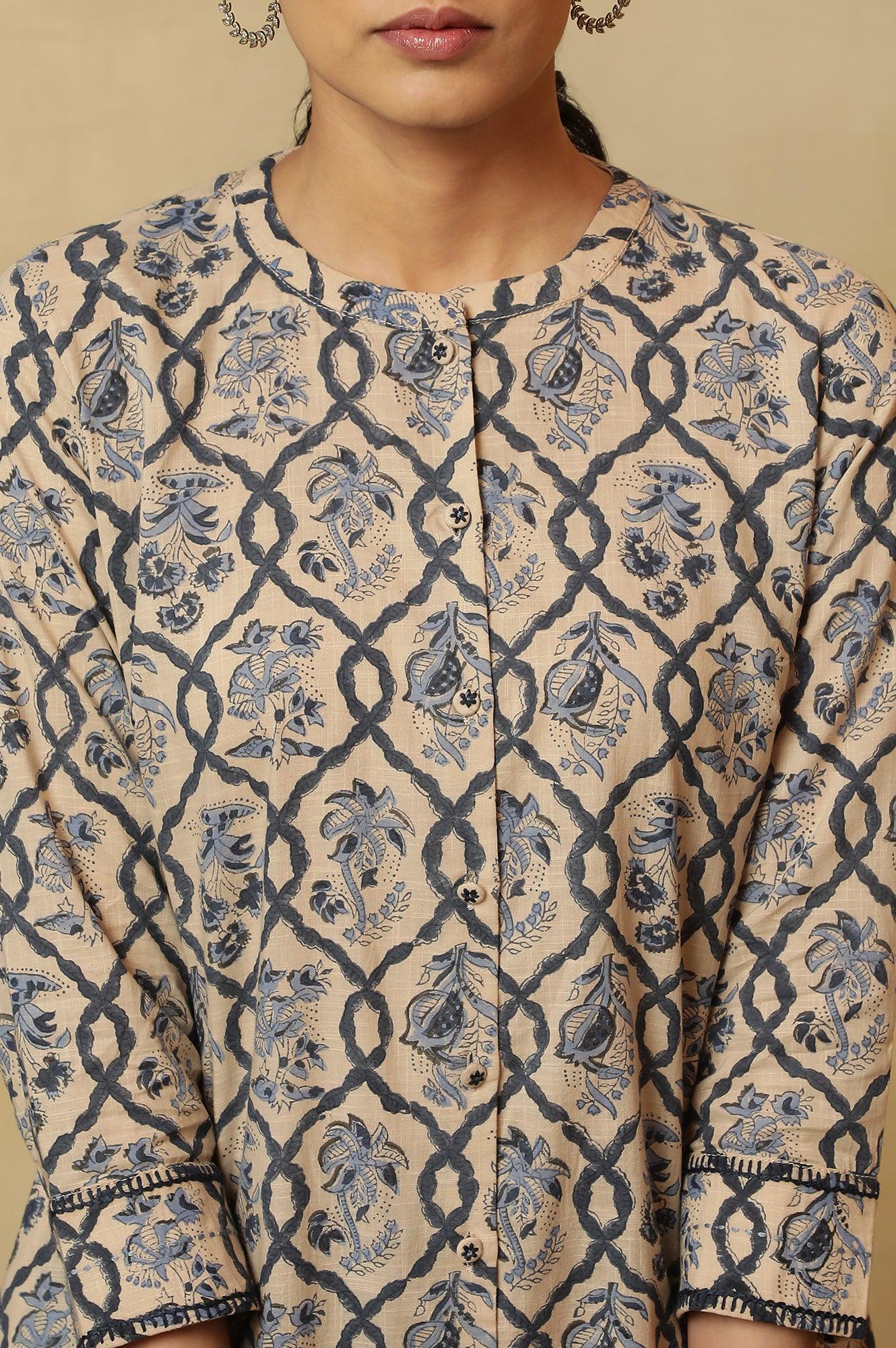 Ivory Jaal Block Printed Kurta In Cotton Slub - wforwoman