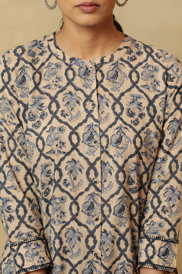 Ivory Jaal Block Printed Kurta In Cotton Slub