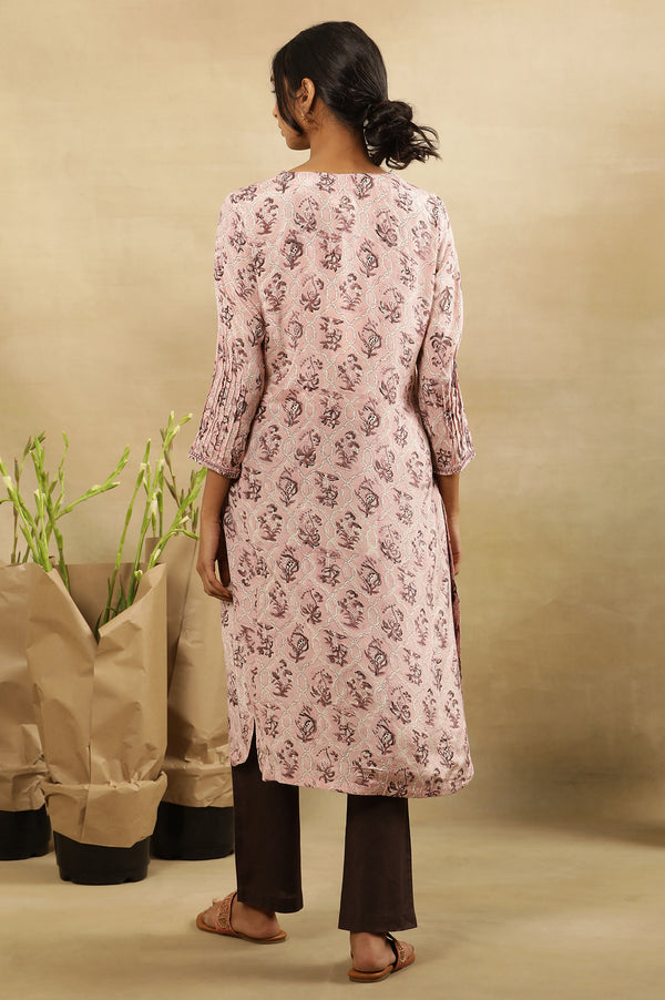 Pink Jaal Block Print Kurta With Pleated Sleeves
