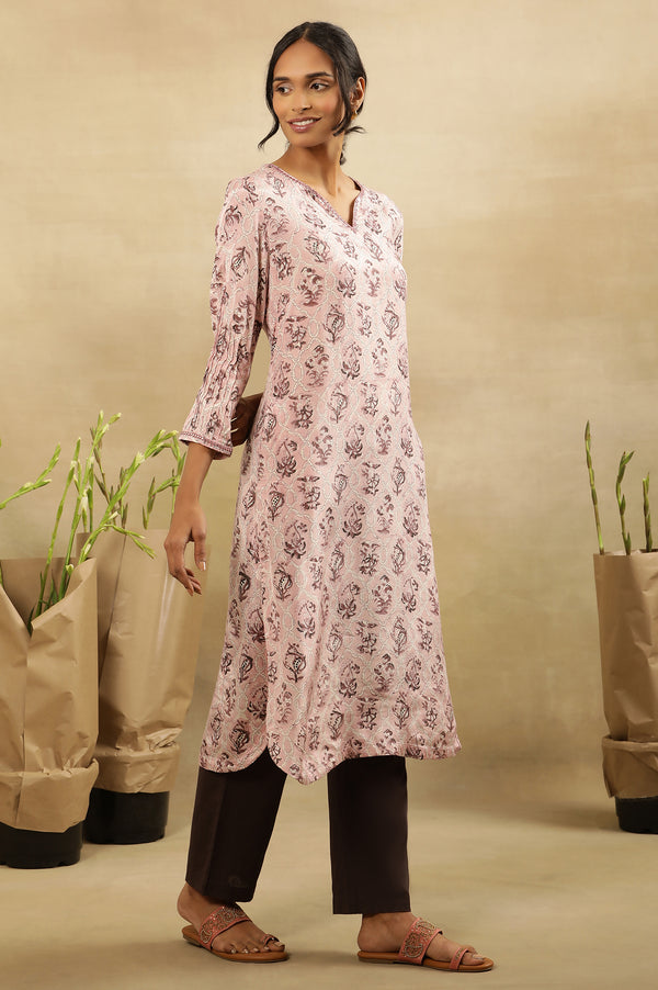Pink Jaal Block Print Kurta With Pleated Sleeves