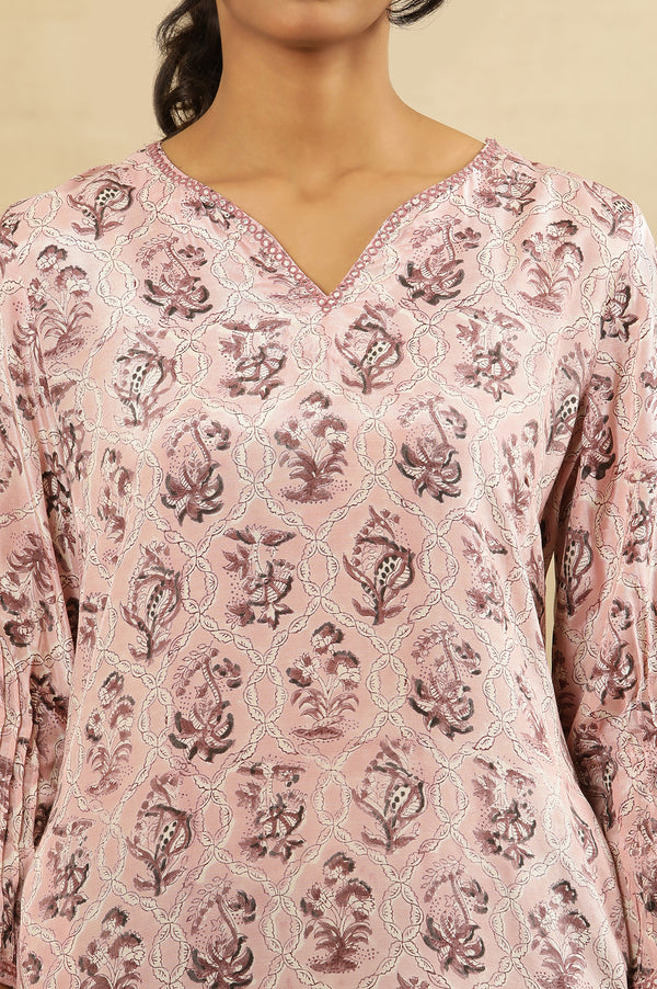 Pink Jaal Block Print Kurta With Pleated Sleeves