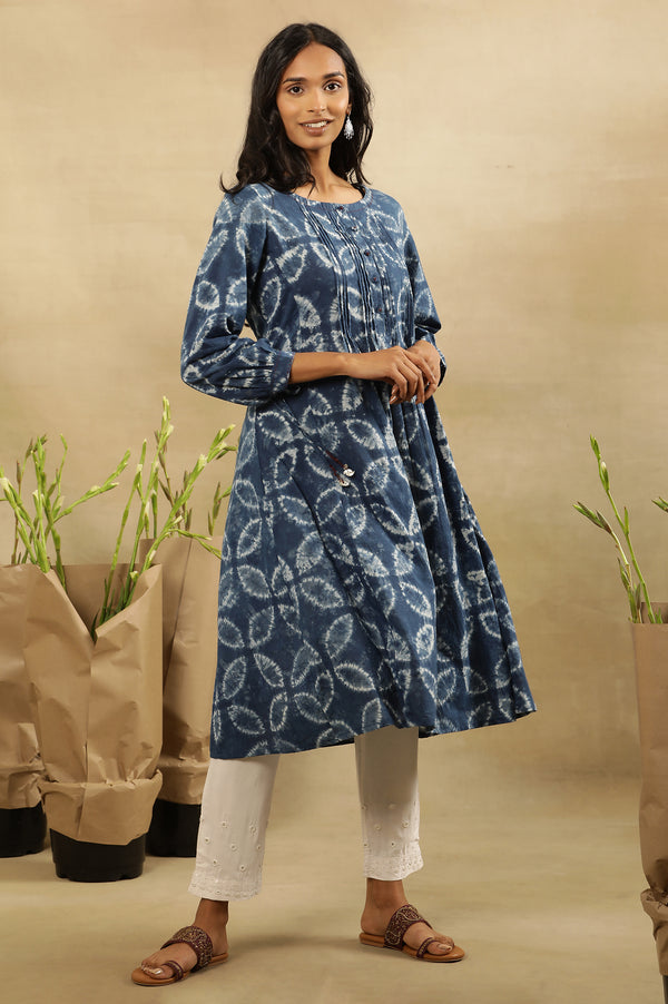 Indigo Shibori Pleated Flared Dress  In Cotton Voile