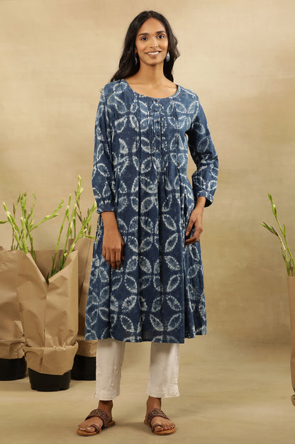 Indigo Shibori Pleated Flared Dress  In Cotton Voile