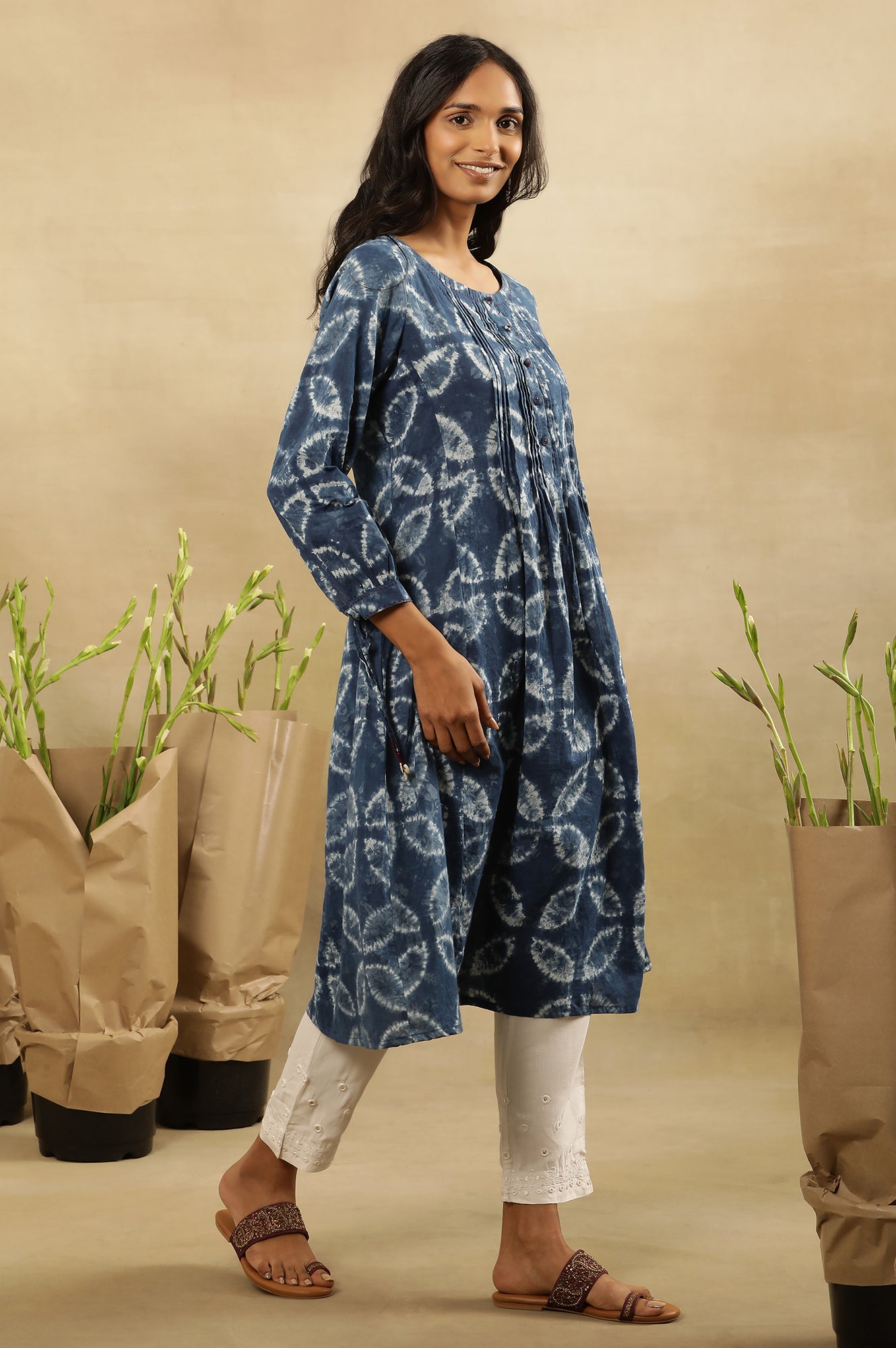 Indigo Shibori Pleated Flared Dress  In Cotton Voile