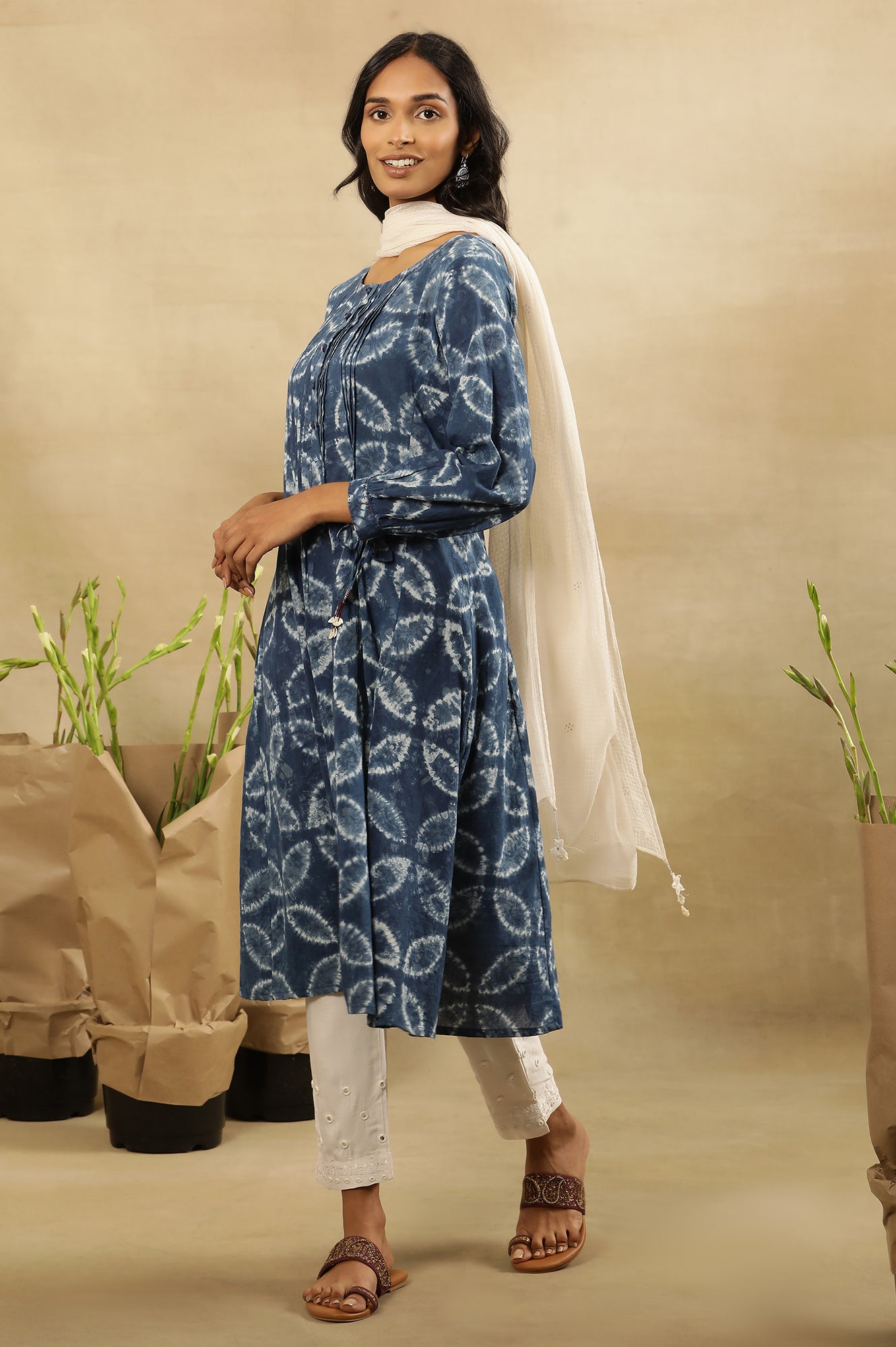 Indigo Shibori Pleated Flared Dress  In Cotton Voile