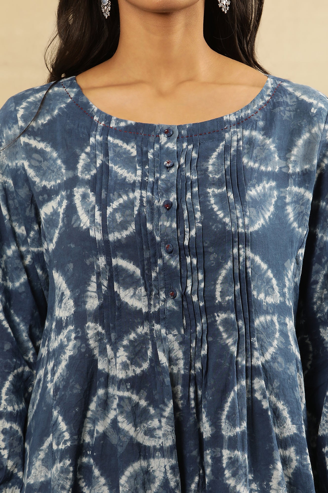 Indigo Shibori Pleated Flared Dress  In Cotton Voile