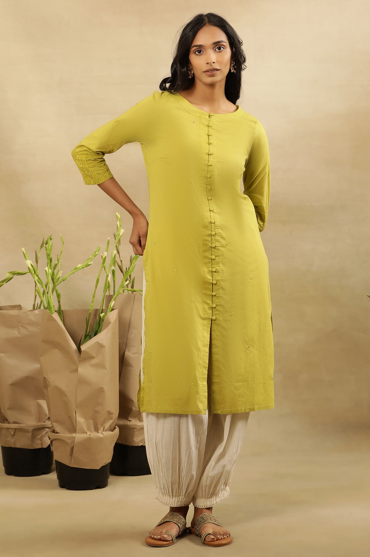 Green Chikankari Shirt Kurta In Cotton Voile - XS