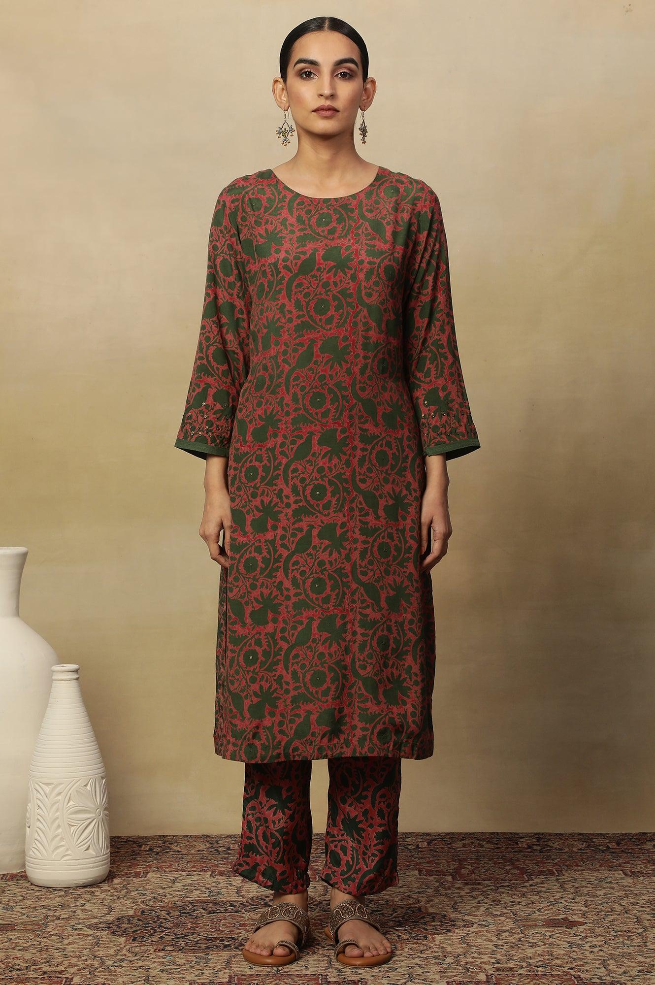Pink Bicolor Block Printed Round Neck Kurta - wforwoman