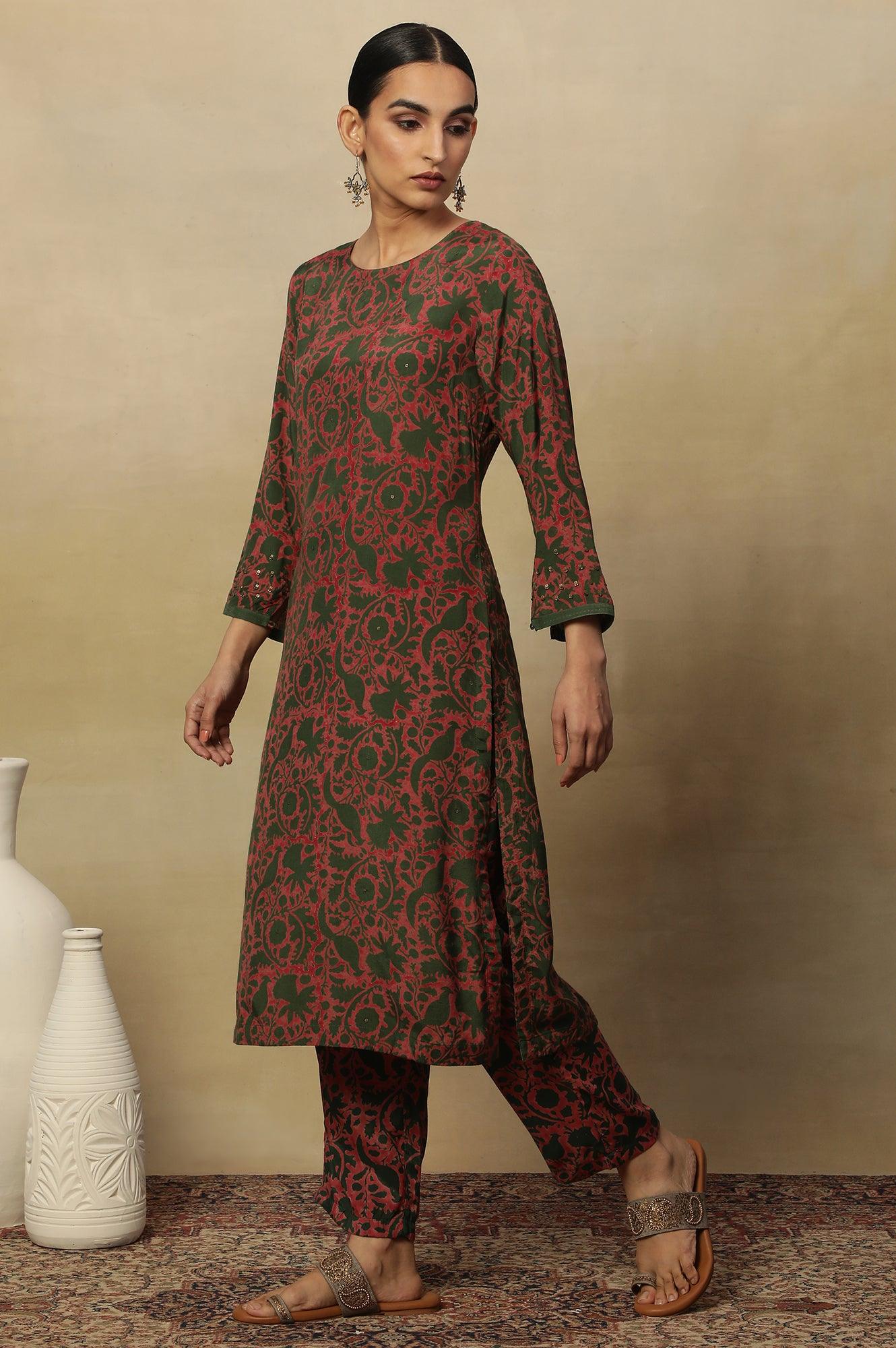 Pink Bicolor Block Printed Round Neck Kurta - wforwoman