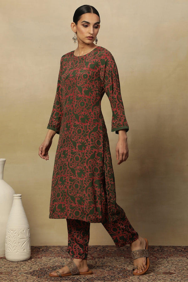 Pink Bicolor Block Printed Round Neck Kurta