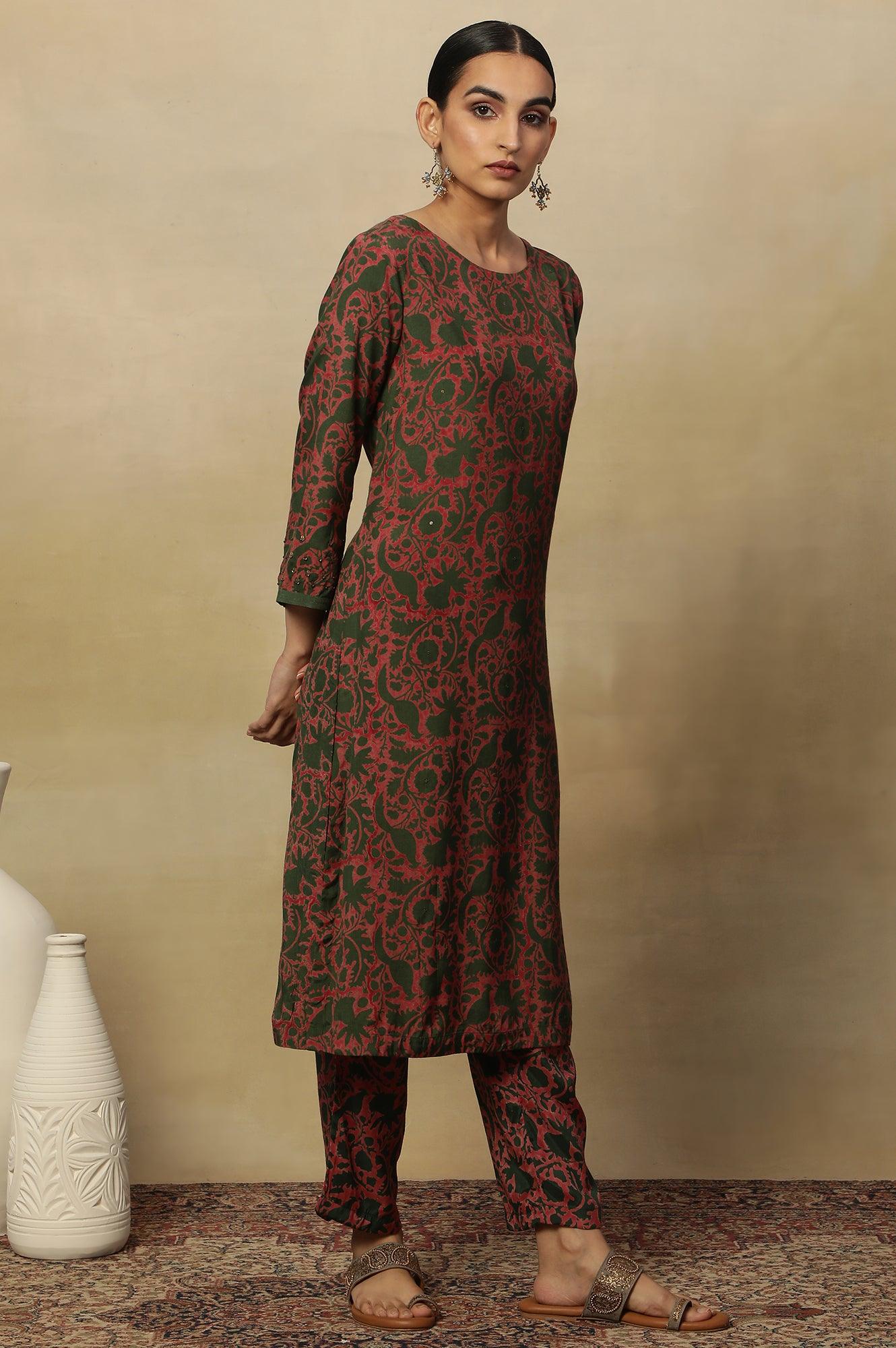 Pink Bicolor Block Printed Round Neck Kurta - wforwoman