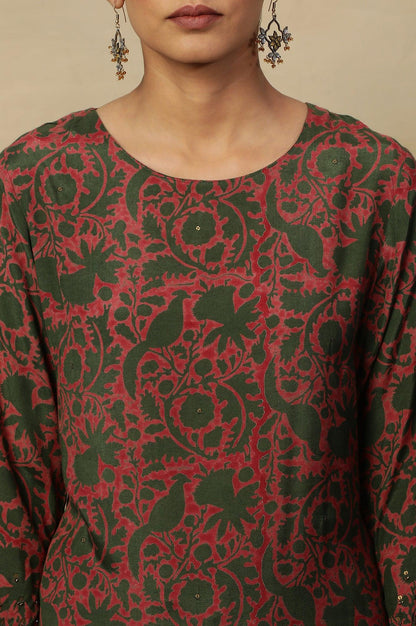 Pink Bicolor Block Printed Round Neck Kurta - wforwoman