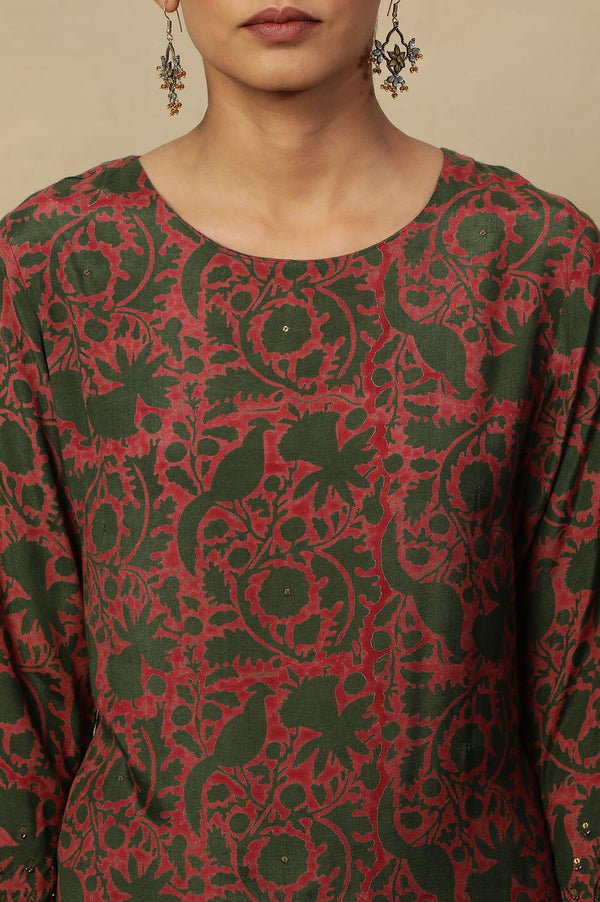 Pink Bicolor Block Printed Round Neck Kurta