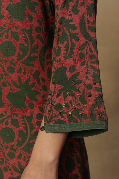 Pink Bicolor Block Printed Round Neck Kurta - wforwoman