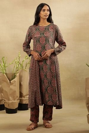 Jungle Green Block Printed Panelled Flared Kurta - M
