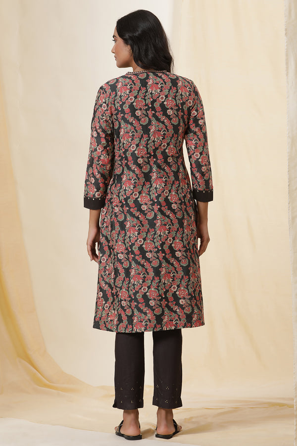 Black Shiny Chanderi Kurta In Multicoloured Block Print