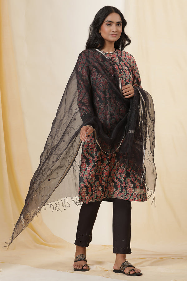 Black Shiny Chanderi Kurta In Multicoloured Block Print
