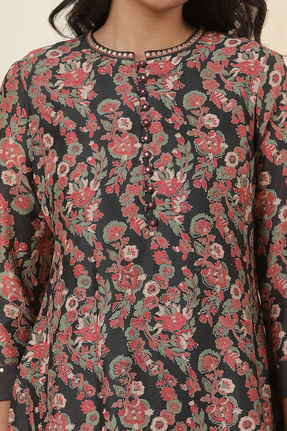 Black Shiny Chanderi Kurta In Multicoloured Block Print
