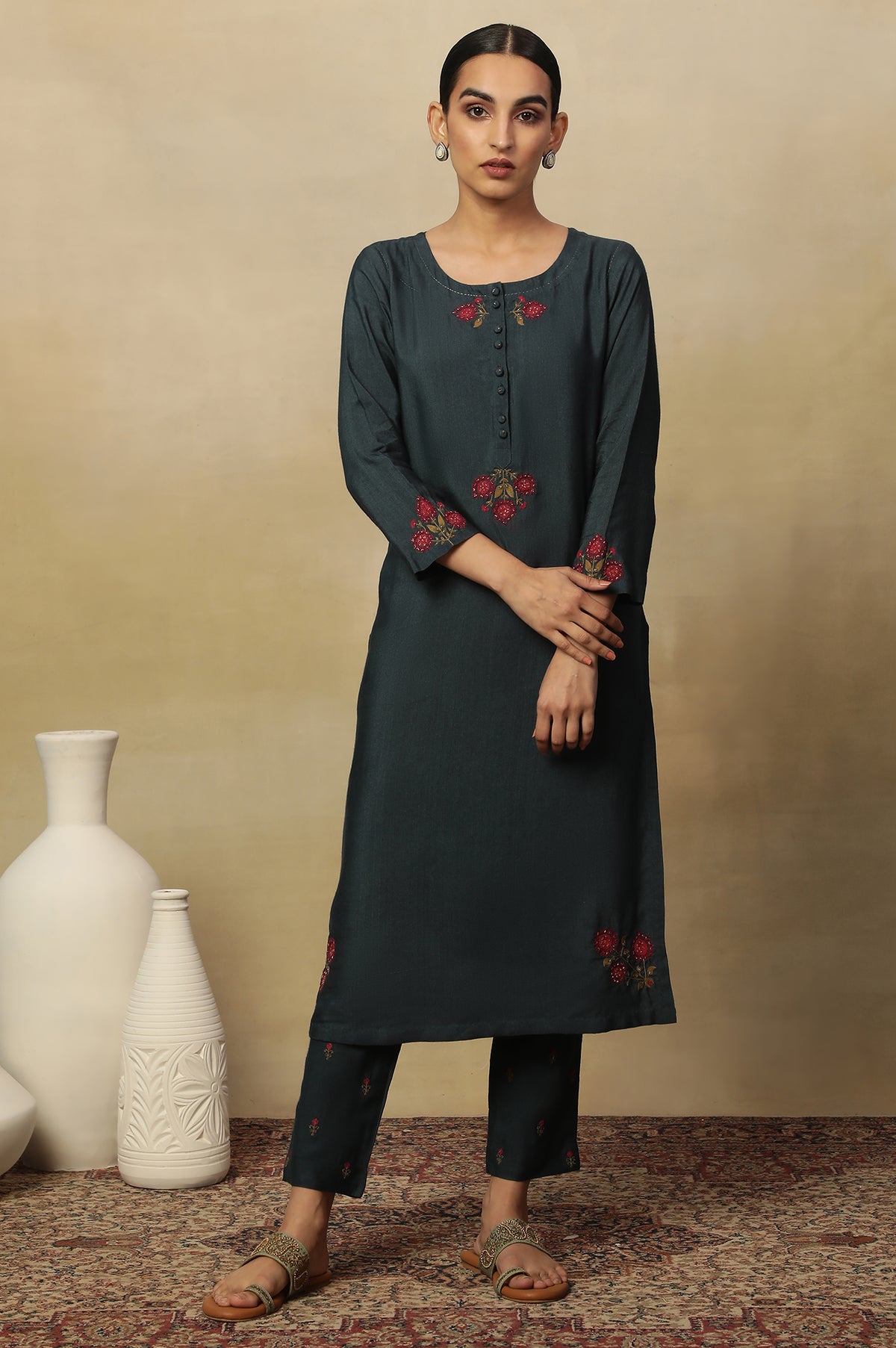 Blue Tussar Embroidered Kurta - XS