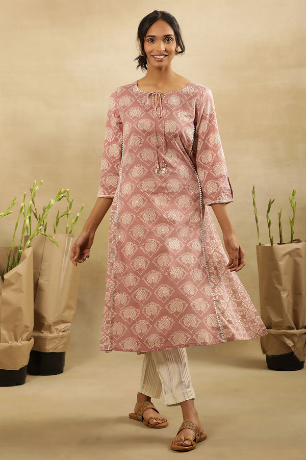 Nectar Pink Block Printed Kurta With Neck Tie-Up