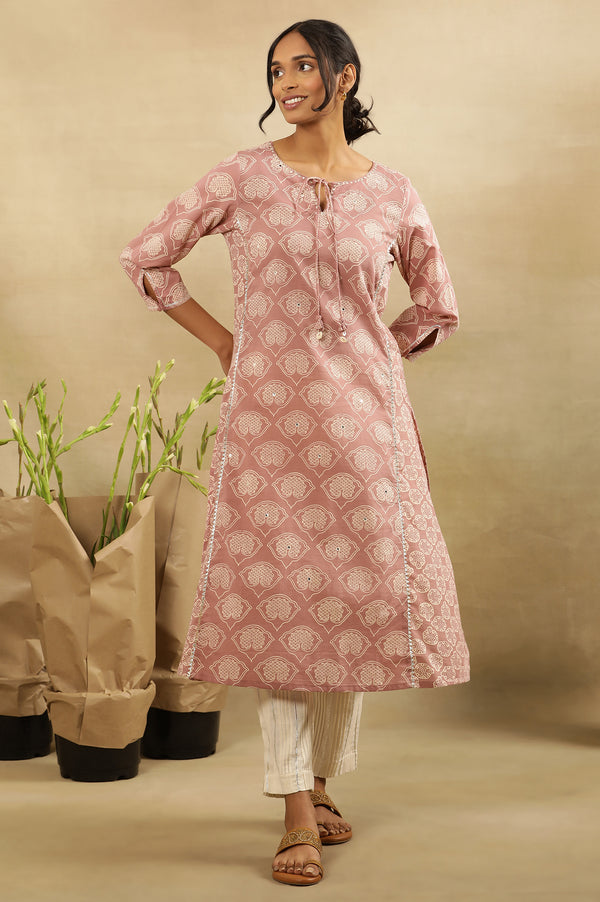 Nectar Pink Block Printed Kurta With Neck Tie-Up