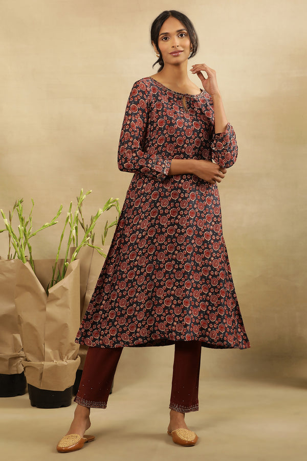 Blue & Red Printed Kurta In Lustrous Satin