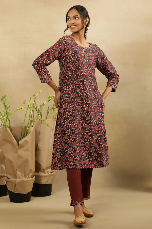 Blue & Red Printed Kurta In Lustrous Satin