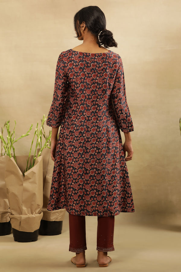 Blue & Red Printed Kurta In Lustrous Satin