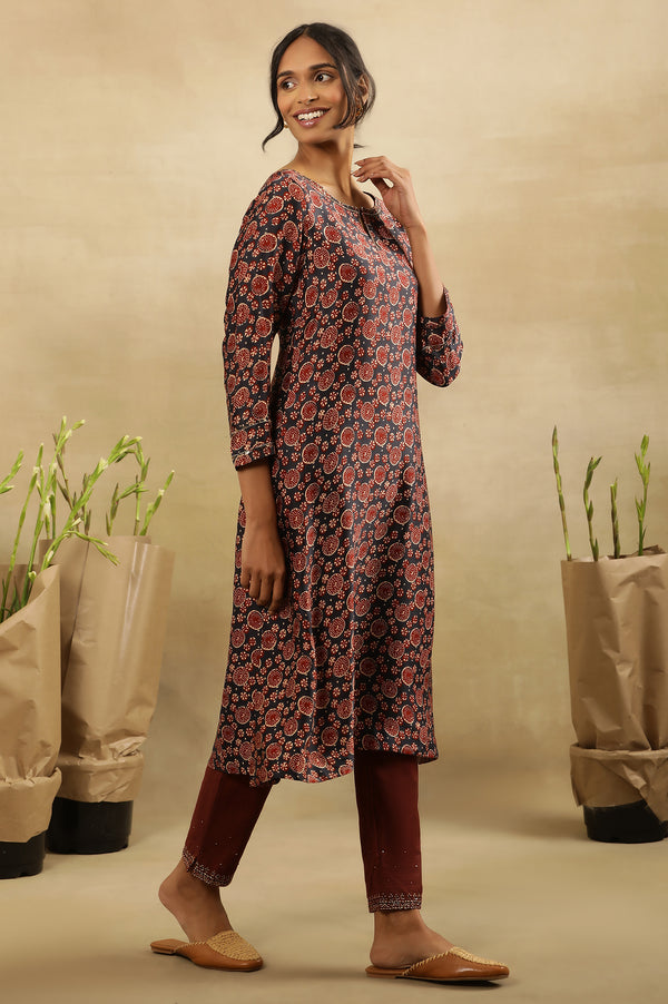 Blue & Red Printed Kurta In Lustrous Satin