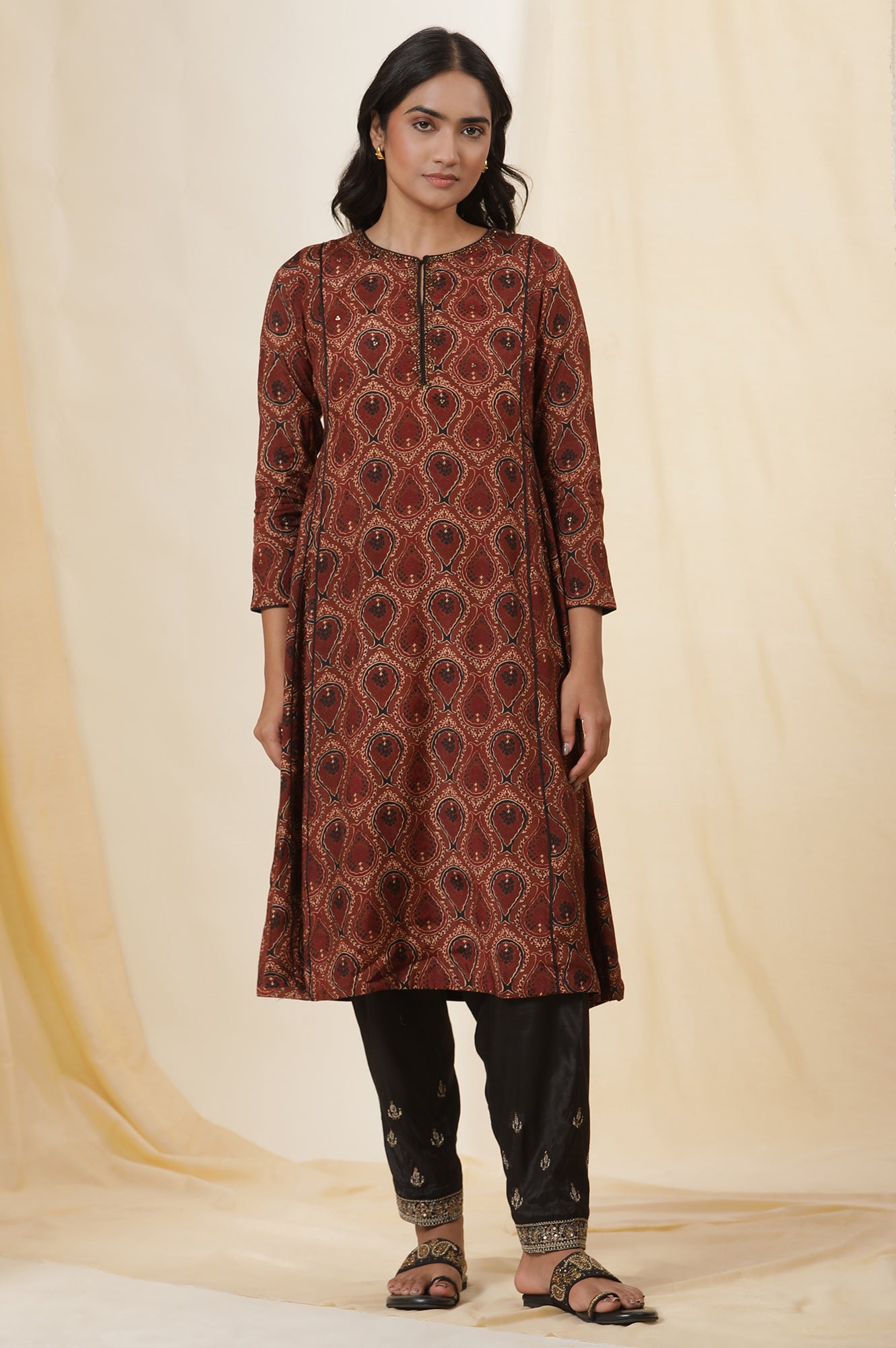 Rusty Brown Ajrakh Flared Kurta