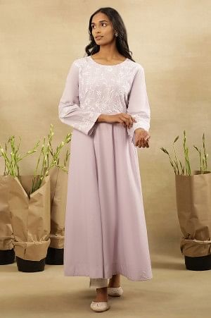 Lilac Chikankari Anarkali Kurta  In Cotton Voile
