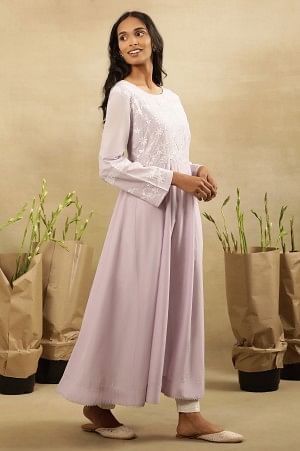 Lilac Chikankari Anarkali Kurta  In Cotton Voile
