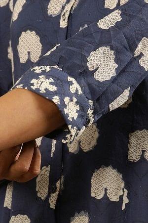 Dark Blue Dabu Block Printed Shirt Dress Kurta In Cotton Voile