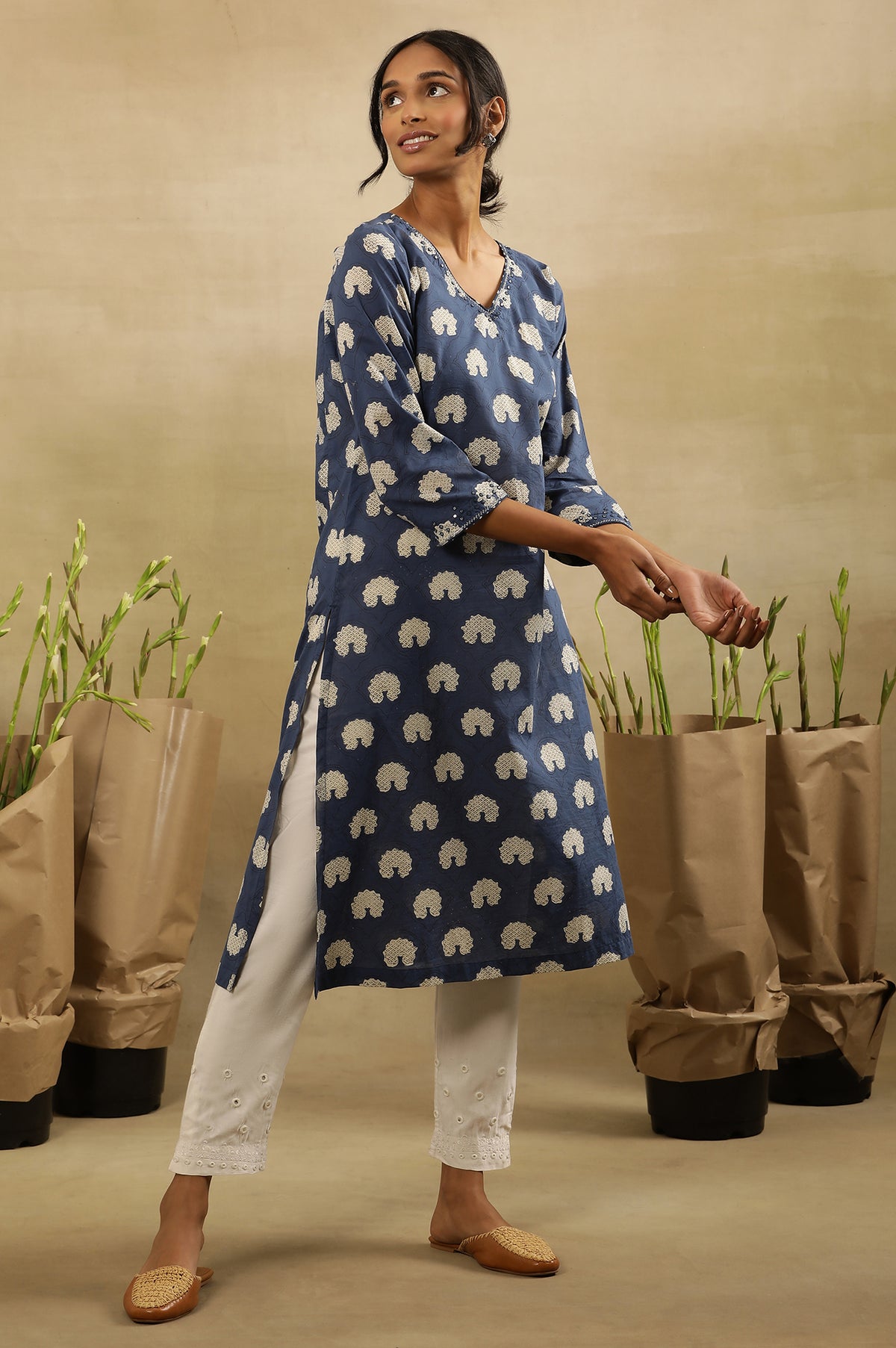 Dark Blue Dabu Block Printed V-Neck Kurta - XS