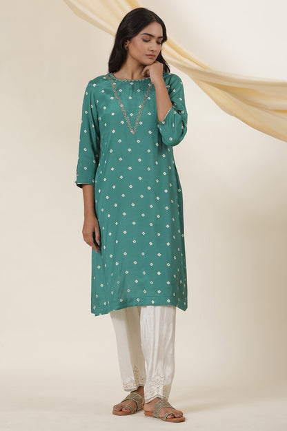 Emerald Green Bandhej Print Embroidered Kurta