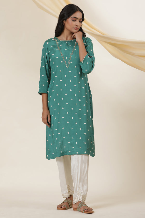 Emerald Green Bandhej Print Embroidered Kurta