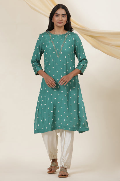 Emerald Green Bandhej Print Embroidered Kurta