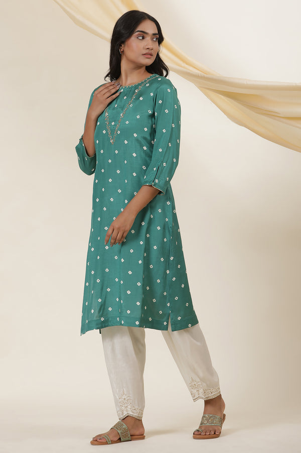 Emerald Green Bandhej Print Embroidered Kurta