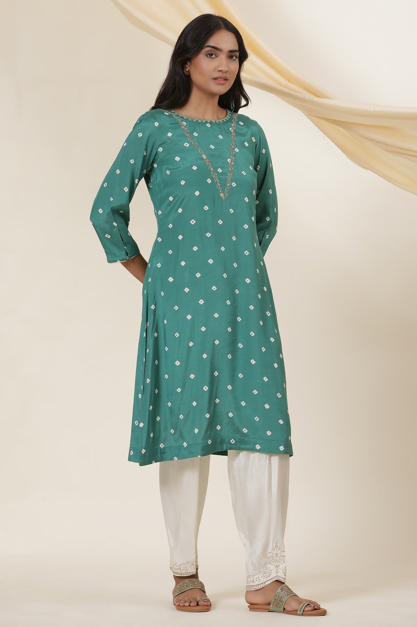 Emerald Green Bandhej Print Embroidered Kurta