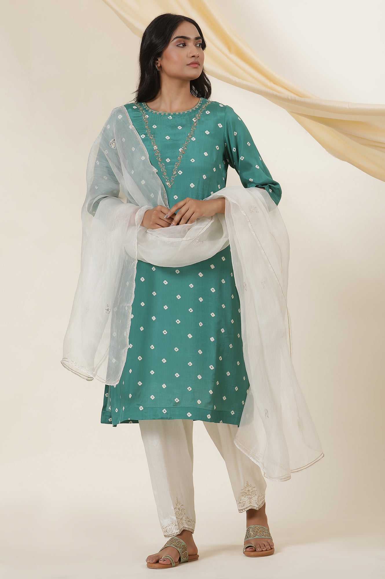Emerald Green Bandhej Print Embroidered Kurta