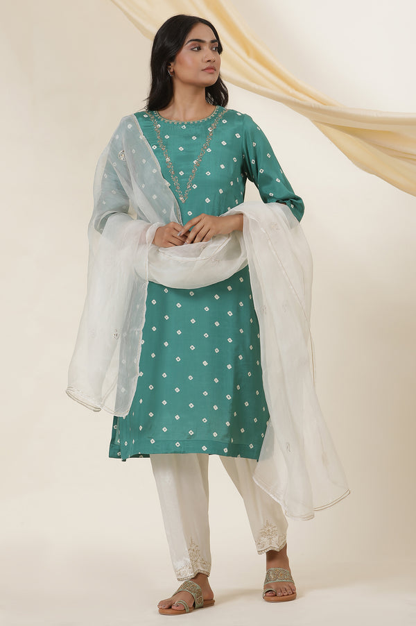 Emerald Green Bandhej Print Embroidered Kurta