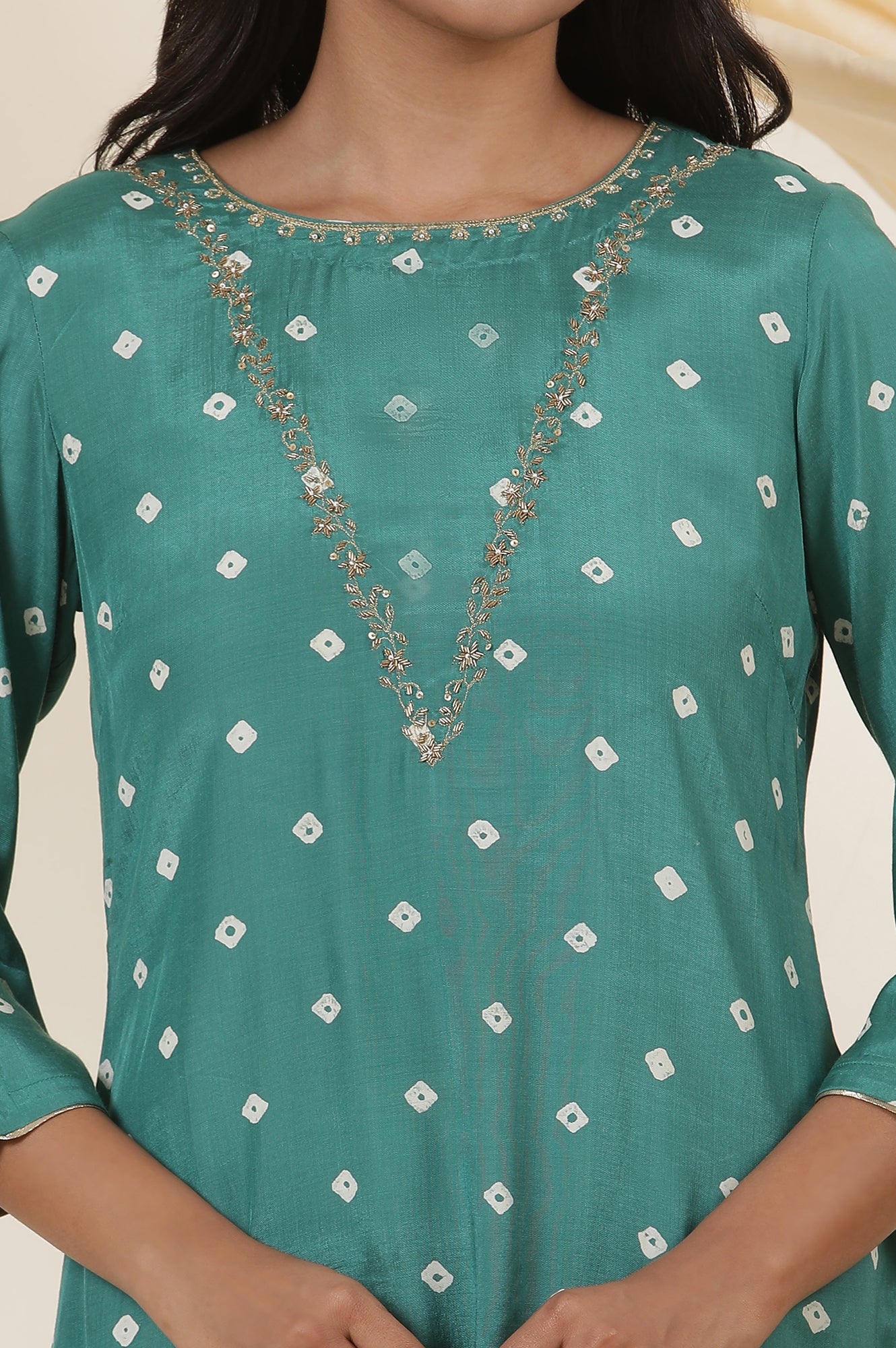 Emerald Green Bandhej Print Embroidered Kurta