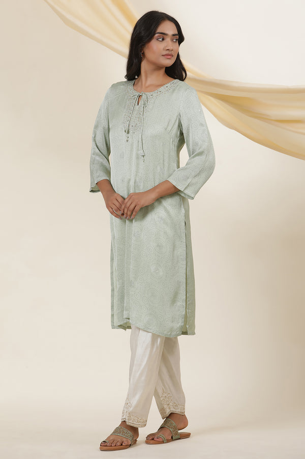 Light Green Rogan Block Printed Embroidered Kurta In Lustrous Satin