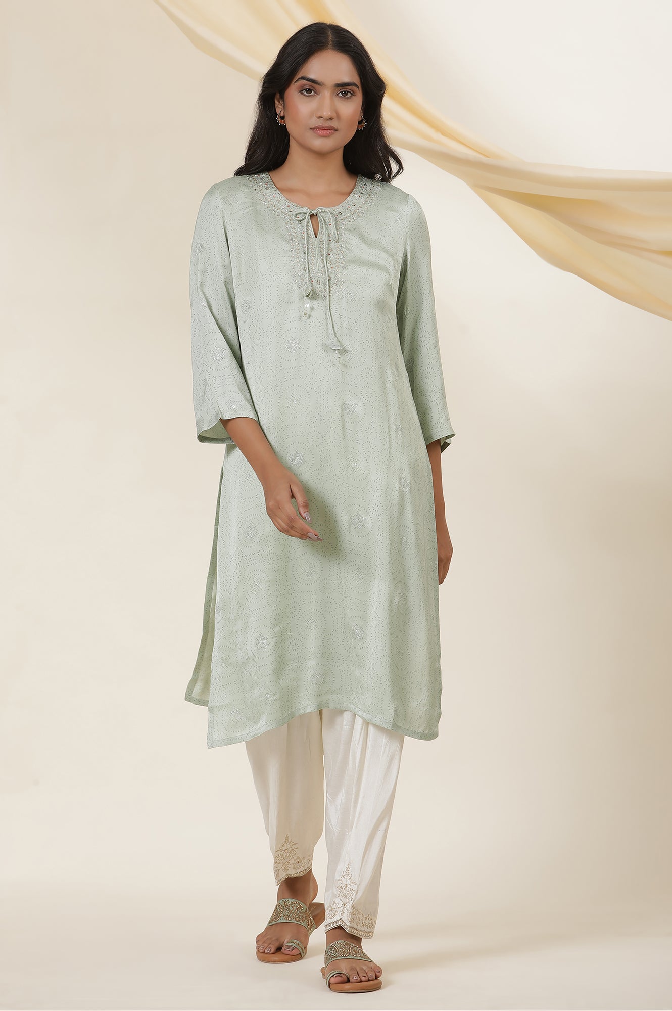 Light Green Rogan Block Printed Embroidered Kurta In Lustrous Satin